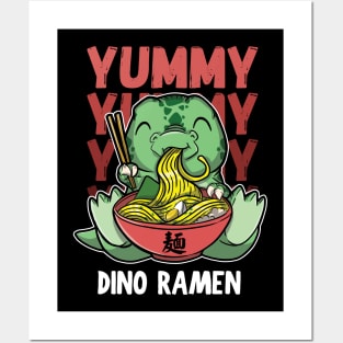 Cute tyrannosaurus Rex Dinosaur E=Happily Eating A Bowl Of Yummy Japanese Ramen Posters and Art